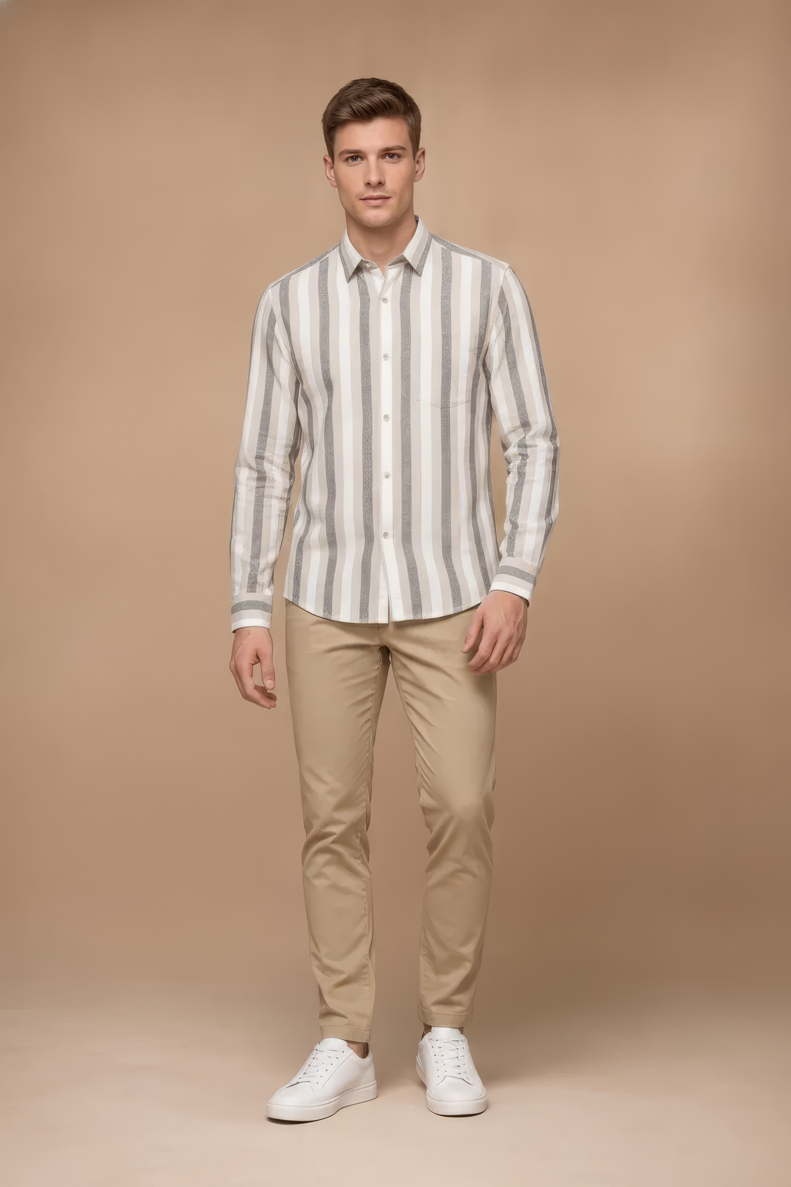 Men’s Natural Blue Striped Twill Cotton Shirt
