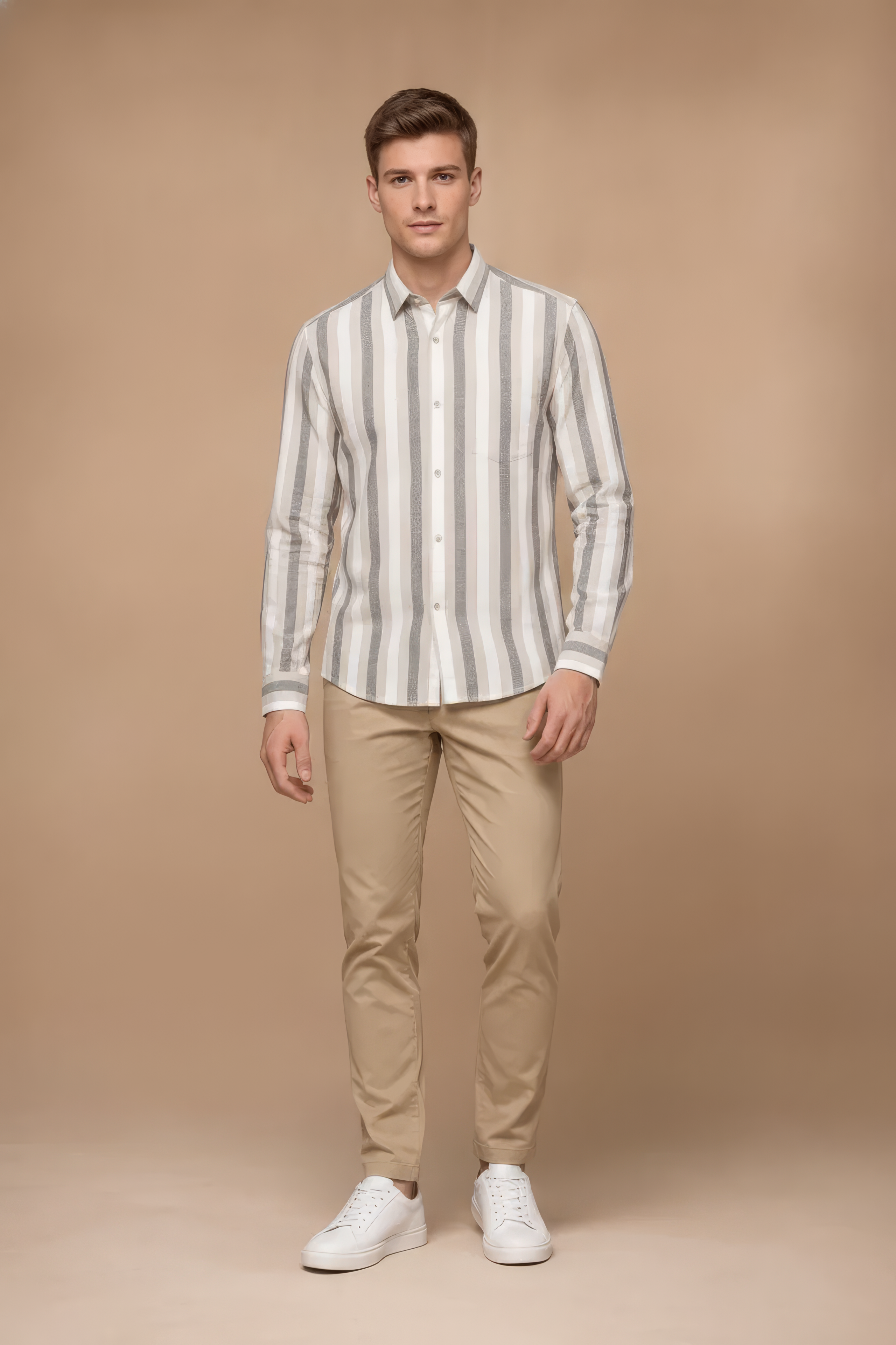 Men’s Natural Blue Striped Twill Cotton Shirt