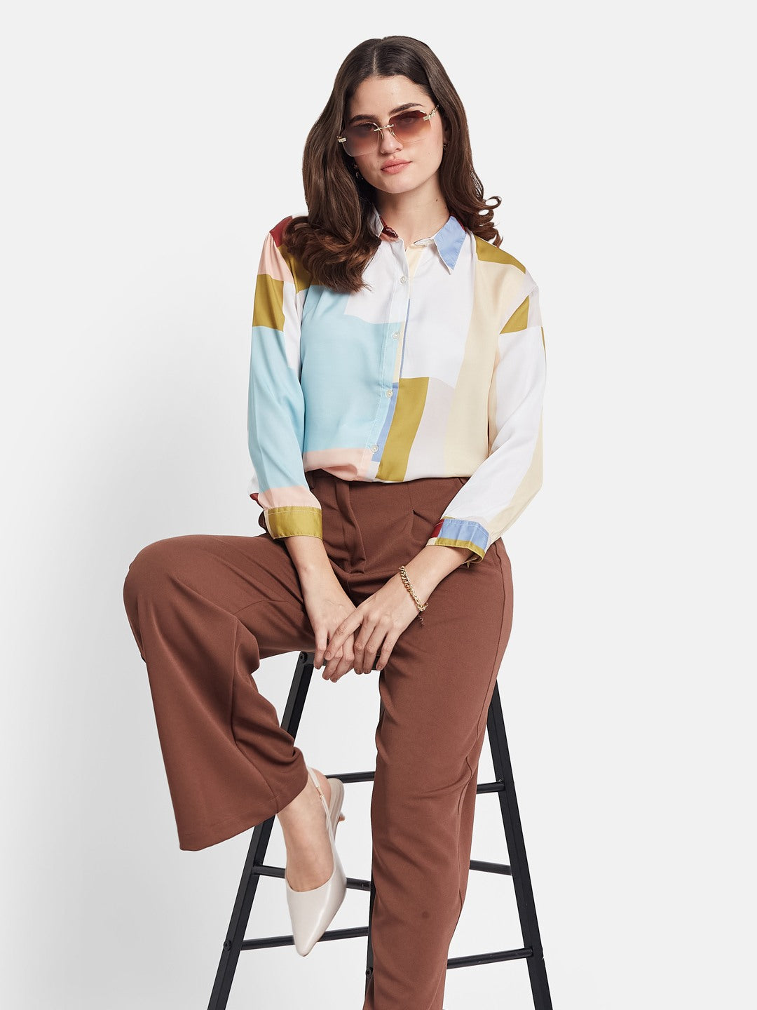 METTLE Women Colourblocked Cotton Shirt Style Top