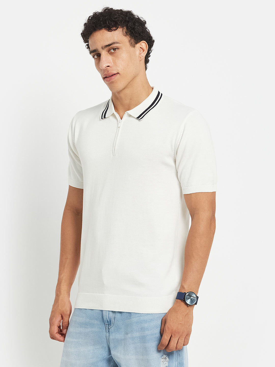 Octave Men White Polo Collar Short Sleeves Cotton T-shirt