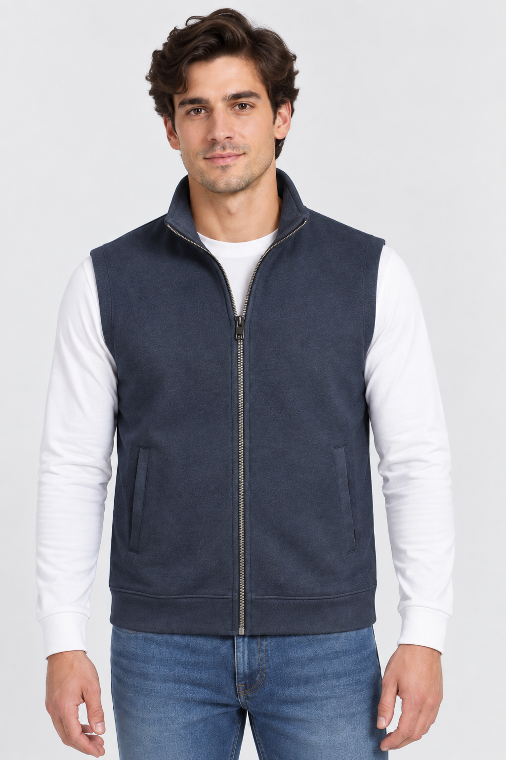 Men’s Navy German Velvet Knitted Gilet – Regular Fit Full Zip Sleeveless Jacket