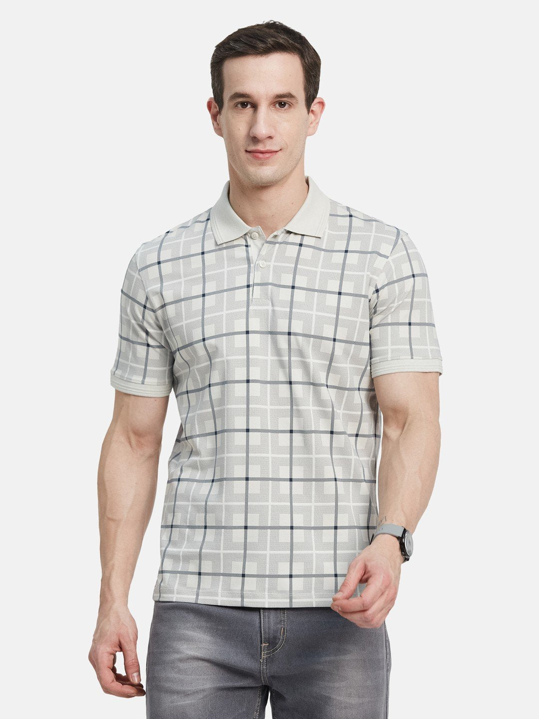 AOP CHECK  PRINT POLO NECK SINGLE JERSEY KNITLYCRA T-SHIRT