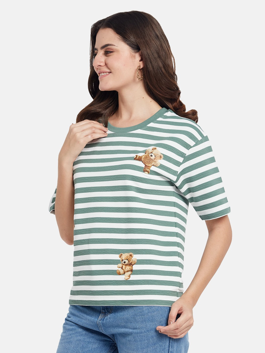 METTLE Striped Printed Round Neck Casual T-shirt