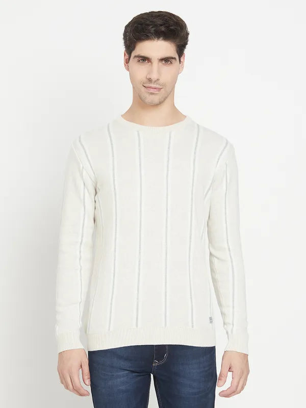 Cream-Coloured Striped Cotton Full Sleeve Pullover Sweater