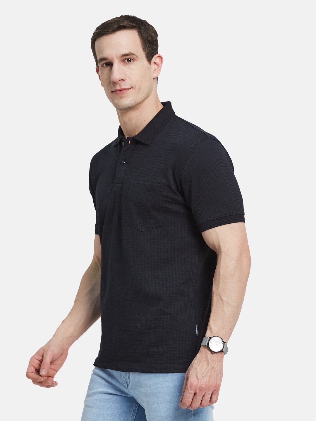 SOLID POLO NECK FRONT OPEN POCKET  SEER SUCKER T-SHIRT