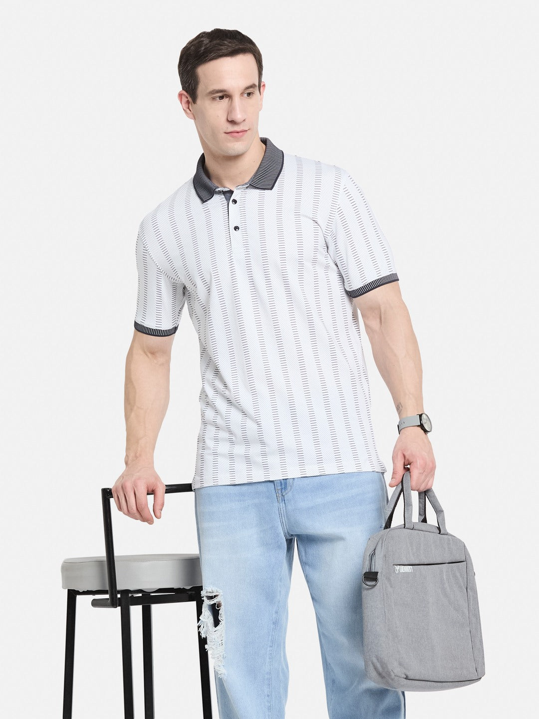 AOP MOTIF PRINT POLO NECK SINGLE JERSEY KNIT T-SHIRT