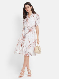 METTLE Women Abstract Print Tie-Ups Puff Sleeves Fit & Flare Dress