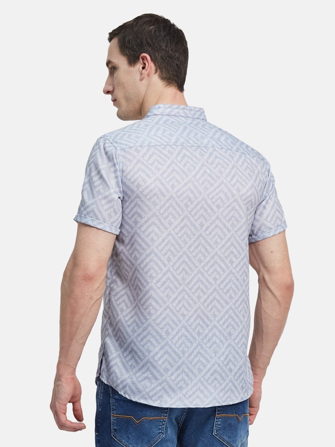 METTLE Men Band Collar Geometric Printed Cotton Casual Shirt