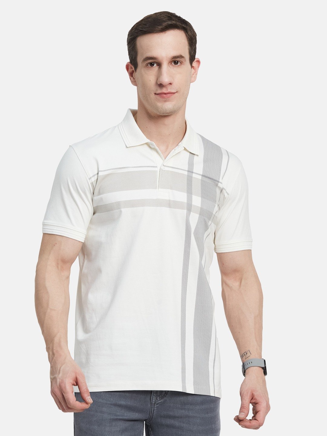 FRONT CHECK PRINT POLO NECK SINGLE JERSEY KNIT LYCRA T-SHIRT