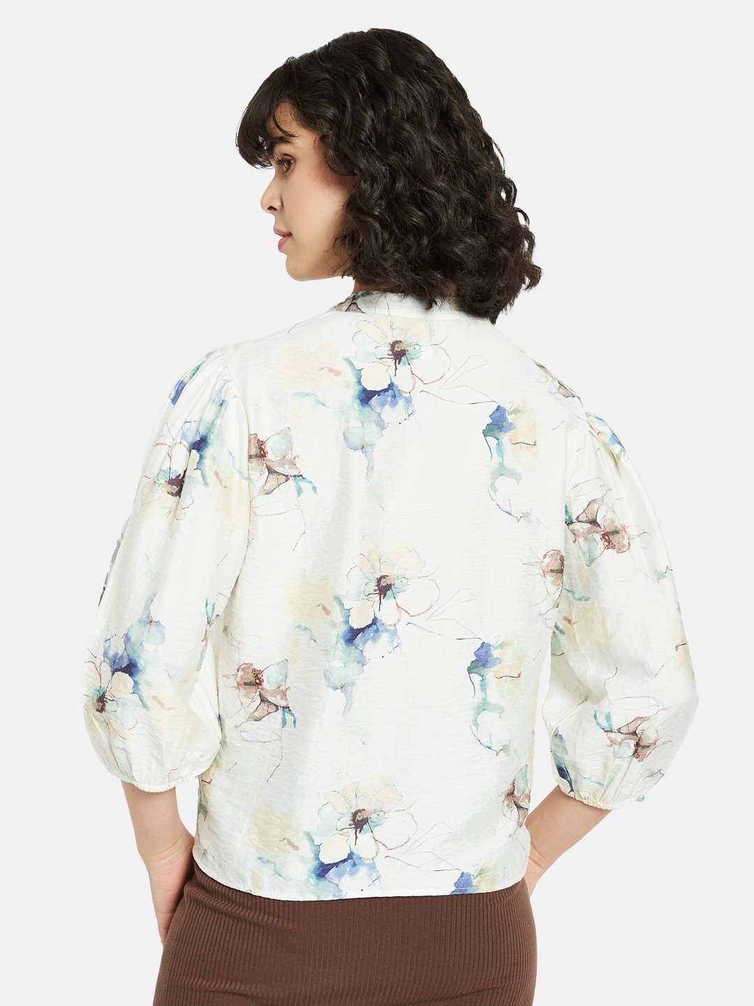 METTLE Off White Floral Print Mandarin Collar Cotton Top