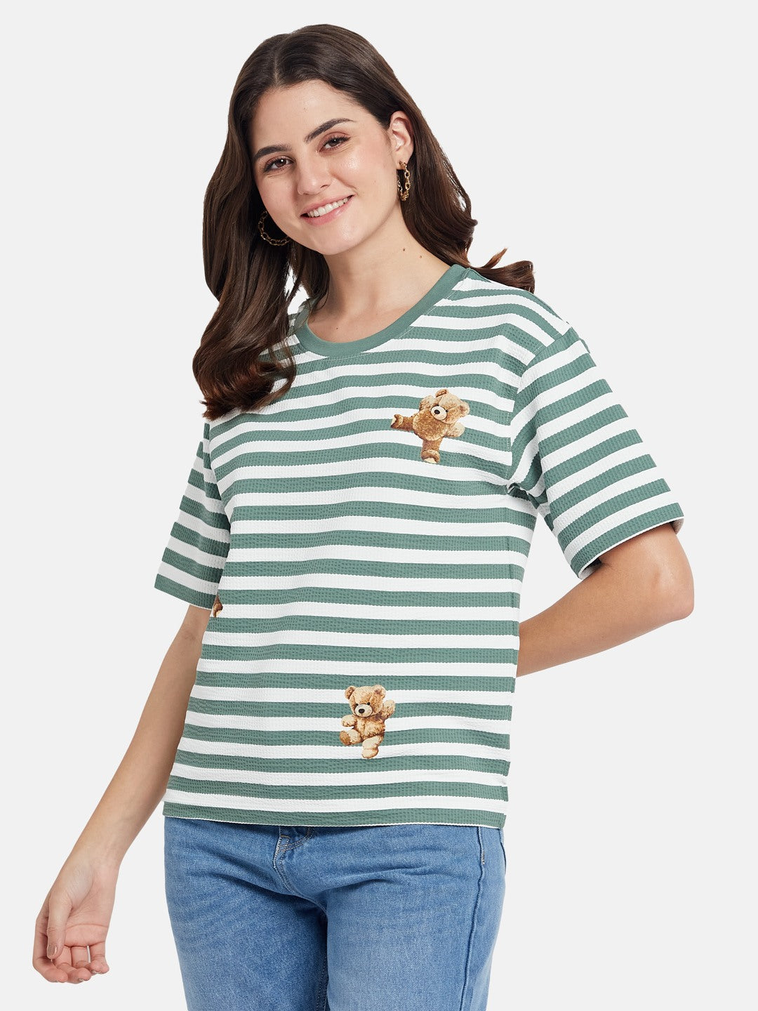 METTLE Striped Printed Round Neck Casual T-shirt