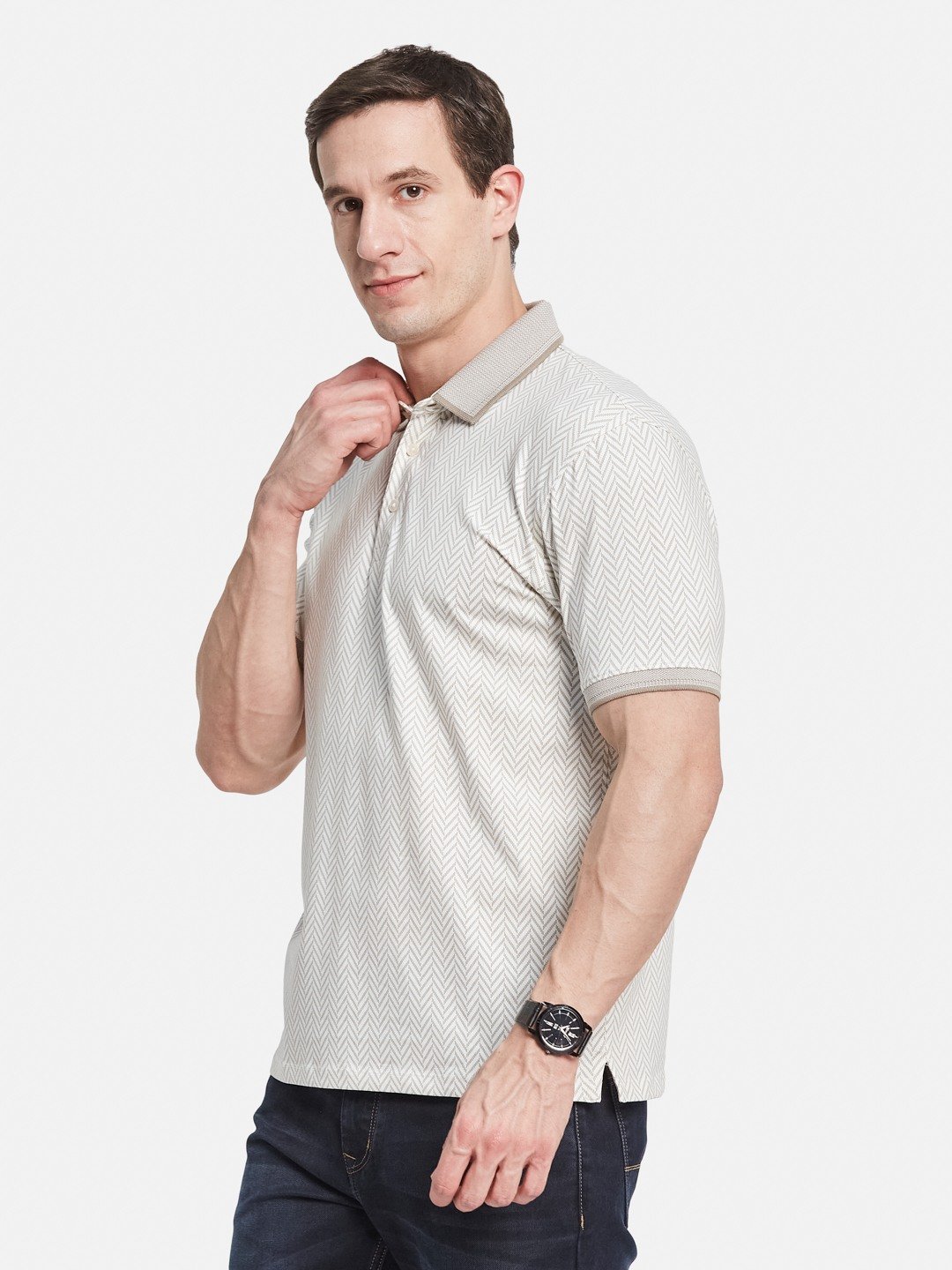 AOP MOTIF PRINT POLO NECK SINGLE JERSEY KNIT LYCRA T-SHIRT