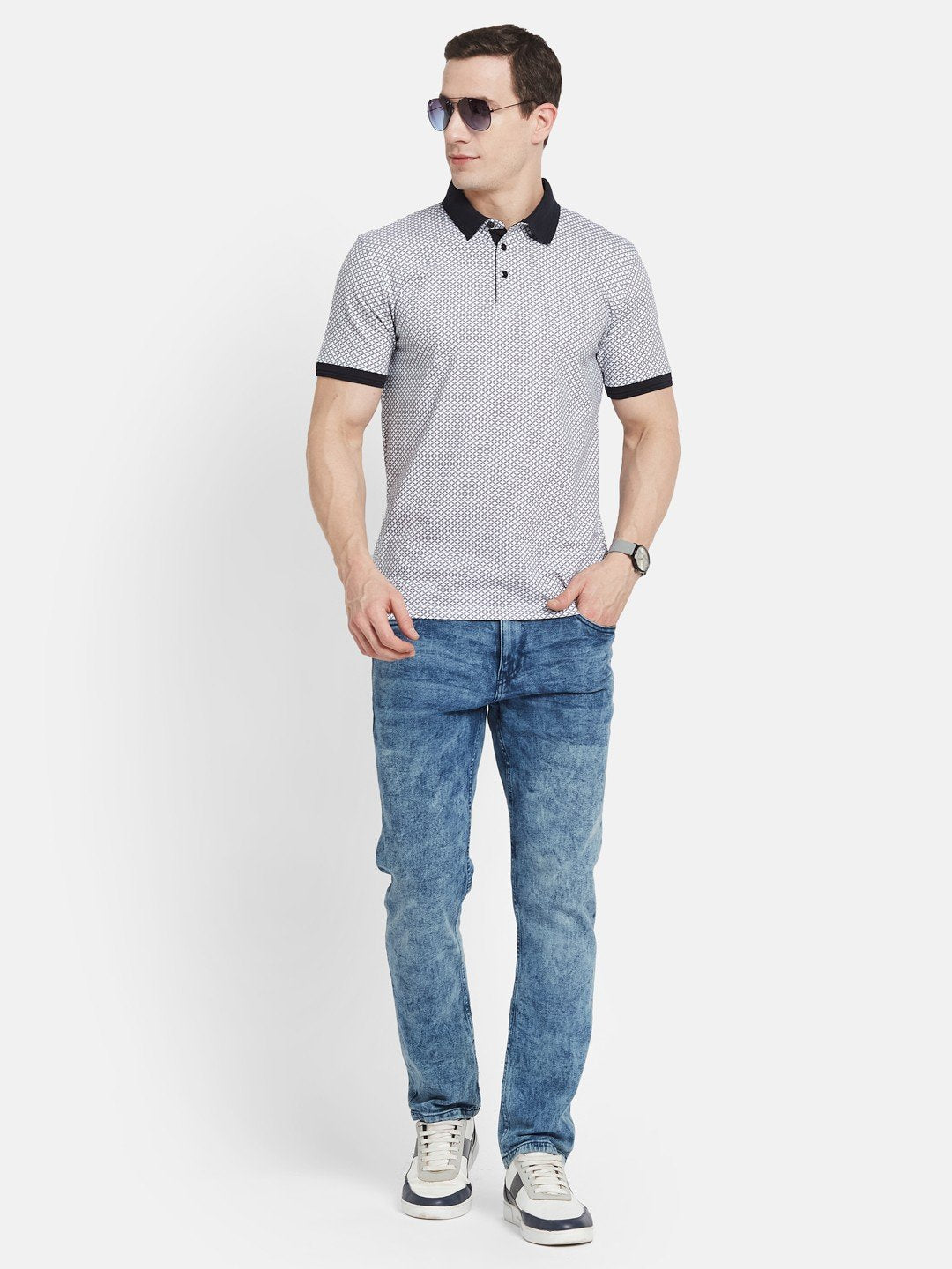 AOP MOTIF PRINT POLO NECK SINGLE JERSEY KNIT T-SHIRT