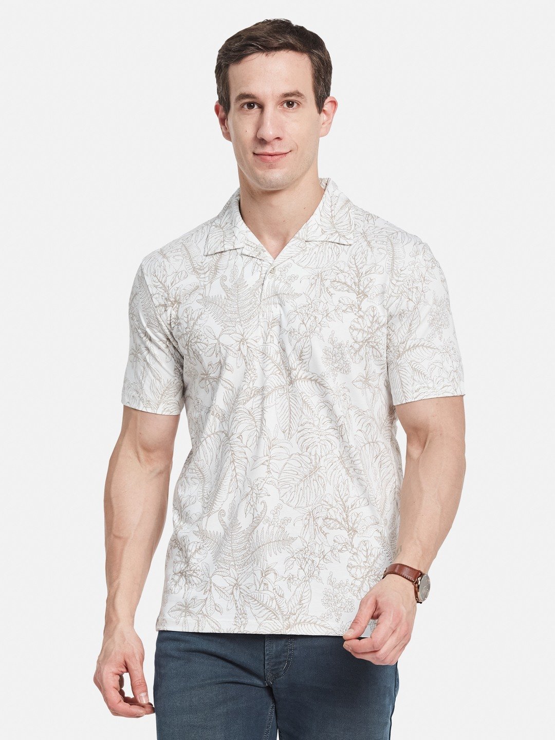 AOP FLORAL PRINT POLO NECK COTTON T-SHIRT
