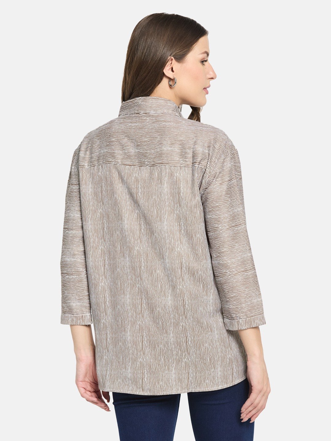 METTLE Women Olive Shirt Collar Striped Cotton Top