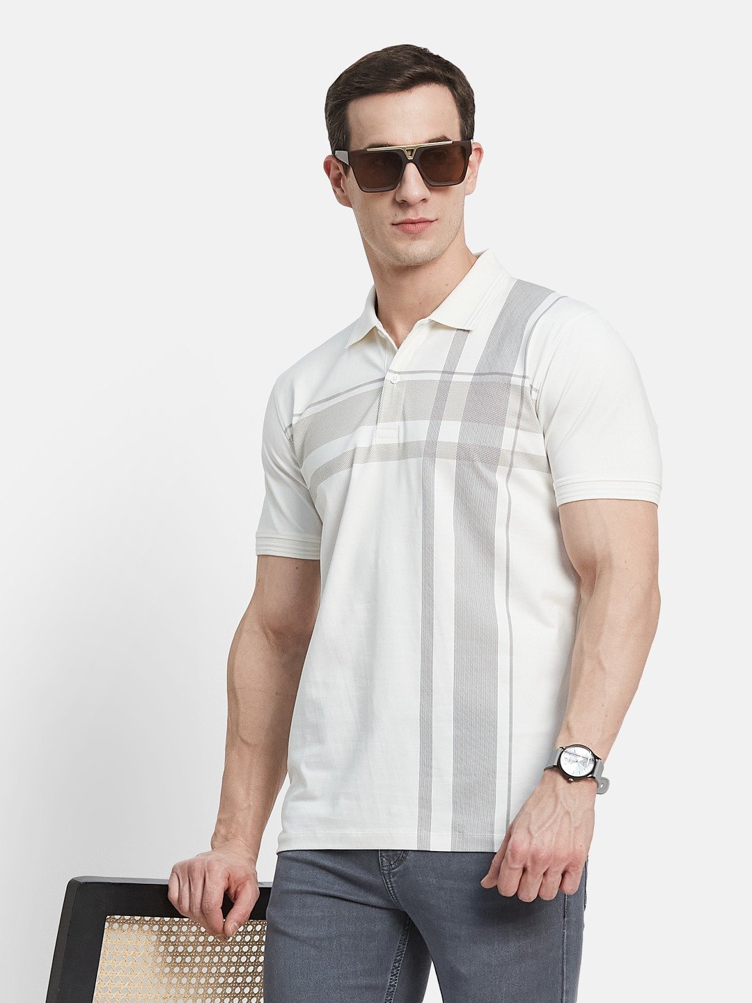 FRONT CHECK PRINT POLO NECK SINGLE JERSEY KNIT LYCRA T-SHIRT