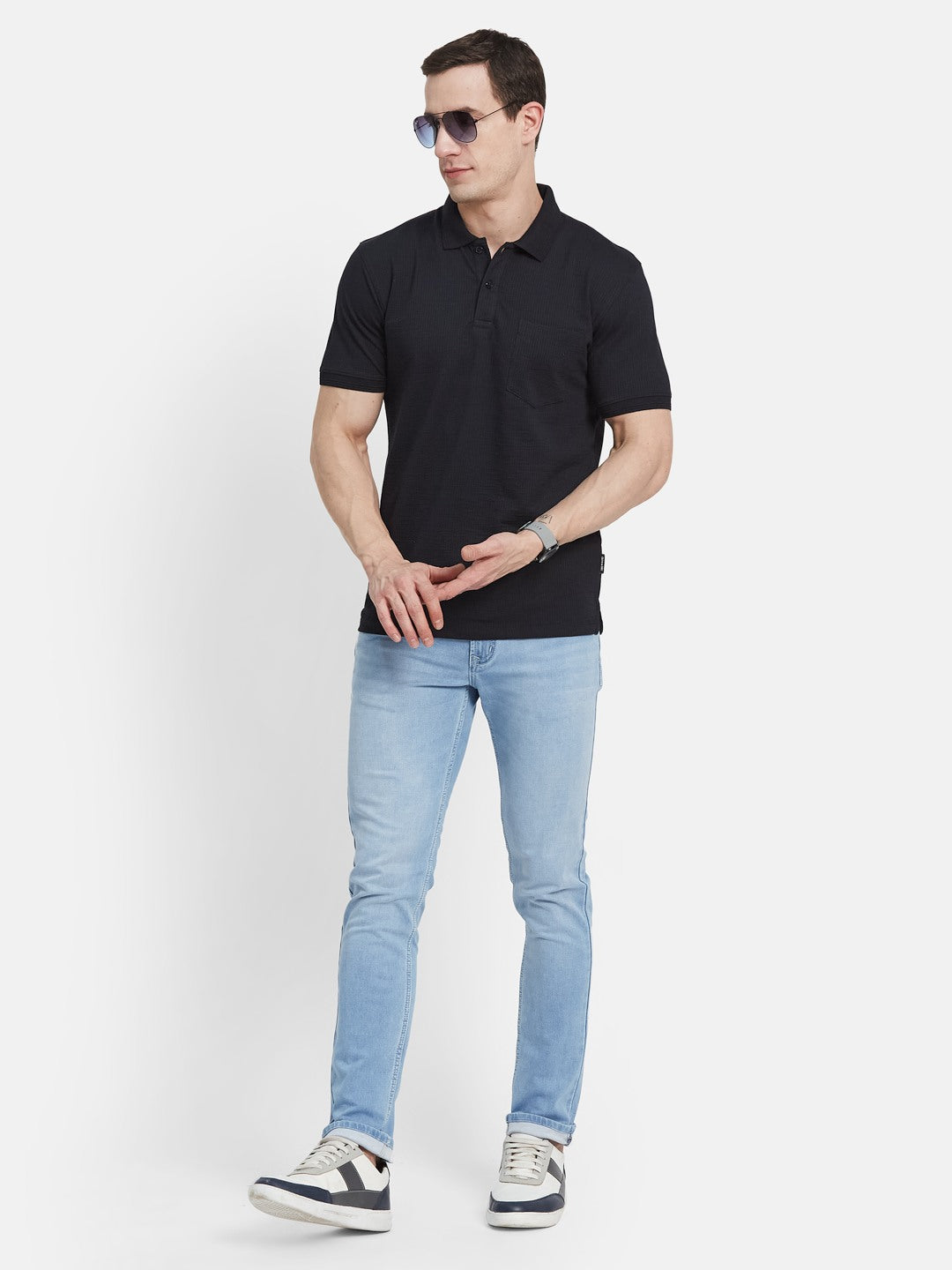 SOLID POLO NECK FRONT OPEN POCKET  SEER SUCKER T-SHIRT