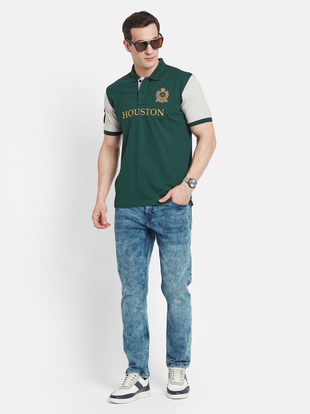 CHEST PRINT POLO NECK EMBROIDED APPLIQUE PIQUE LYCRA T-SHIRT