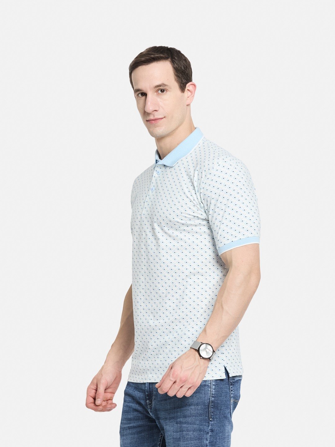 AOP MOTIF PRINT  POLO NECK SINGLE JERSEY KNIT LYCRA T-SHIRT