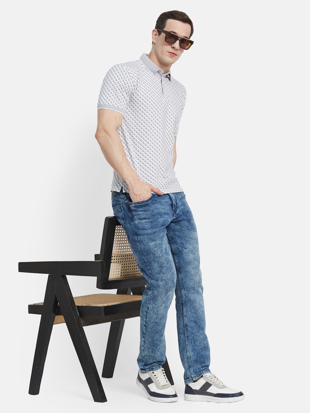 AOP MOTIF PRINT  POLO NECK SINGLE JERSEY KNIT LYCRA T-SHIRT