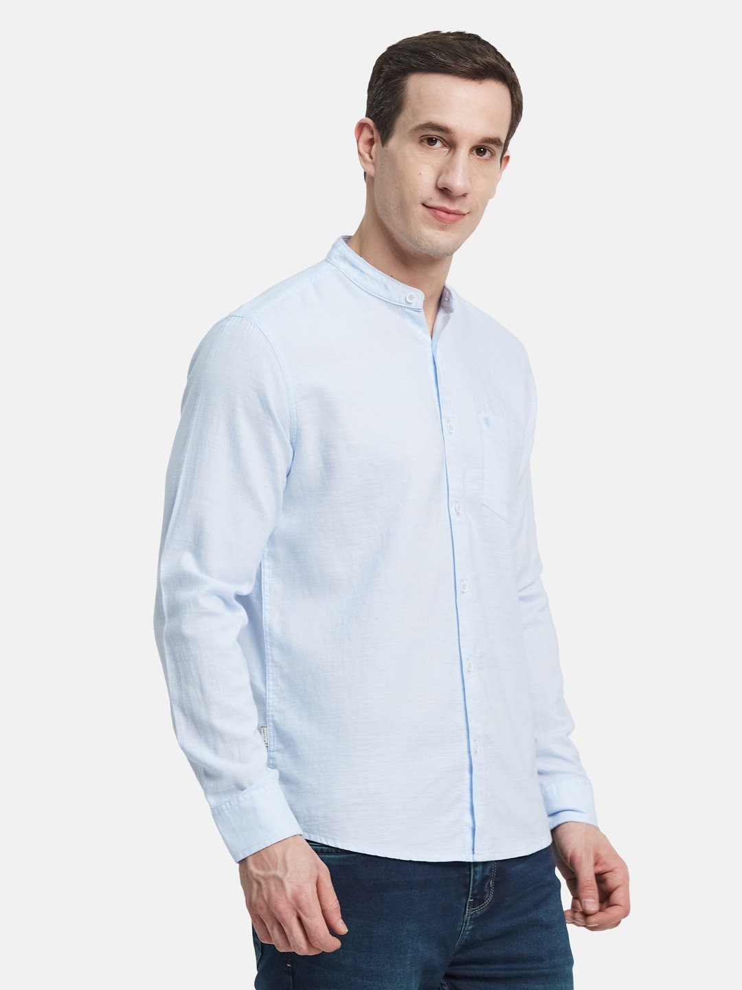 METTLE Men Band Collar Solid Cotton Casual Shirt