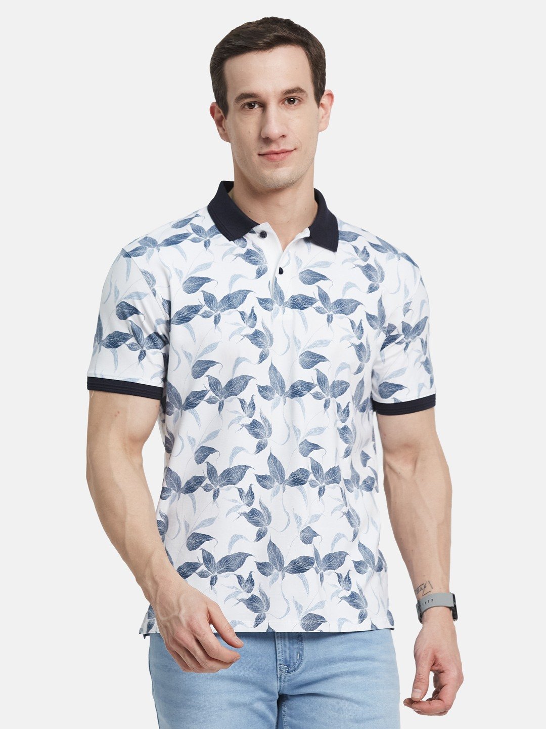AOP FLORALPRINT  POLO NECK SINGLE JERSEY KNIT LYCRA T-SHIRT