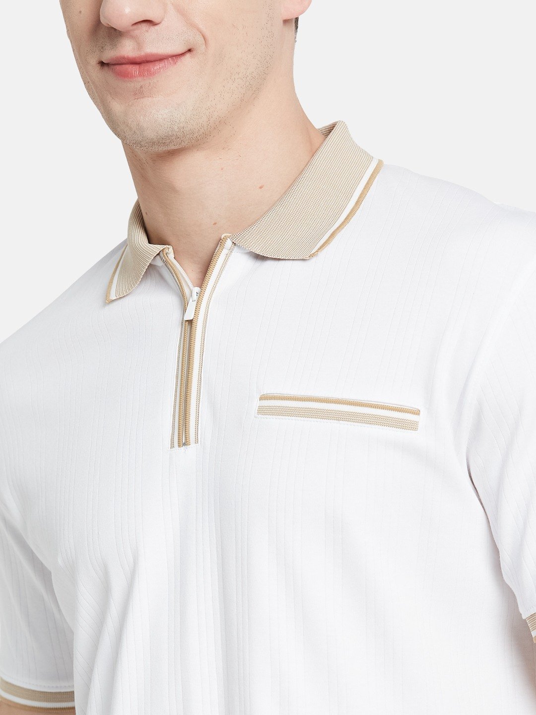 VERTICAL STRIPE HALF-ZIP POLO NECK DROP NEEDLE INTERLOCK T-SHIRT