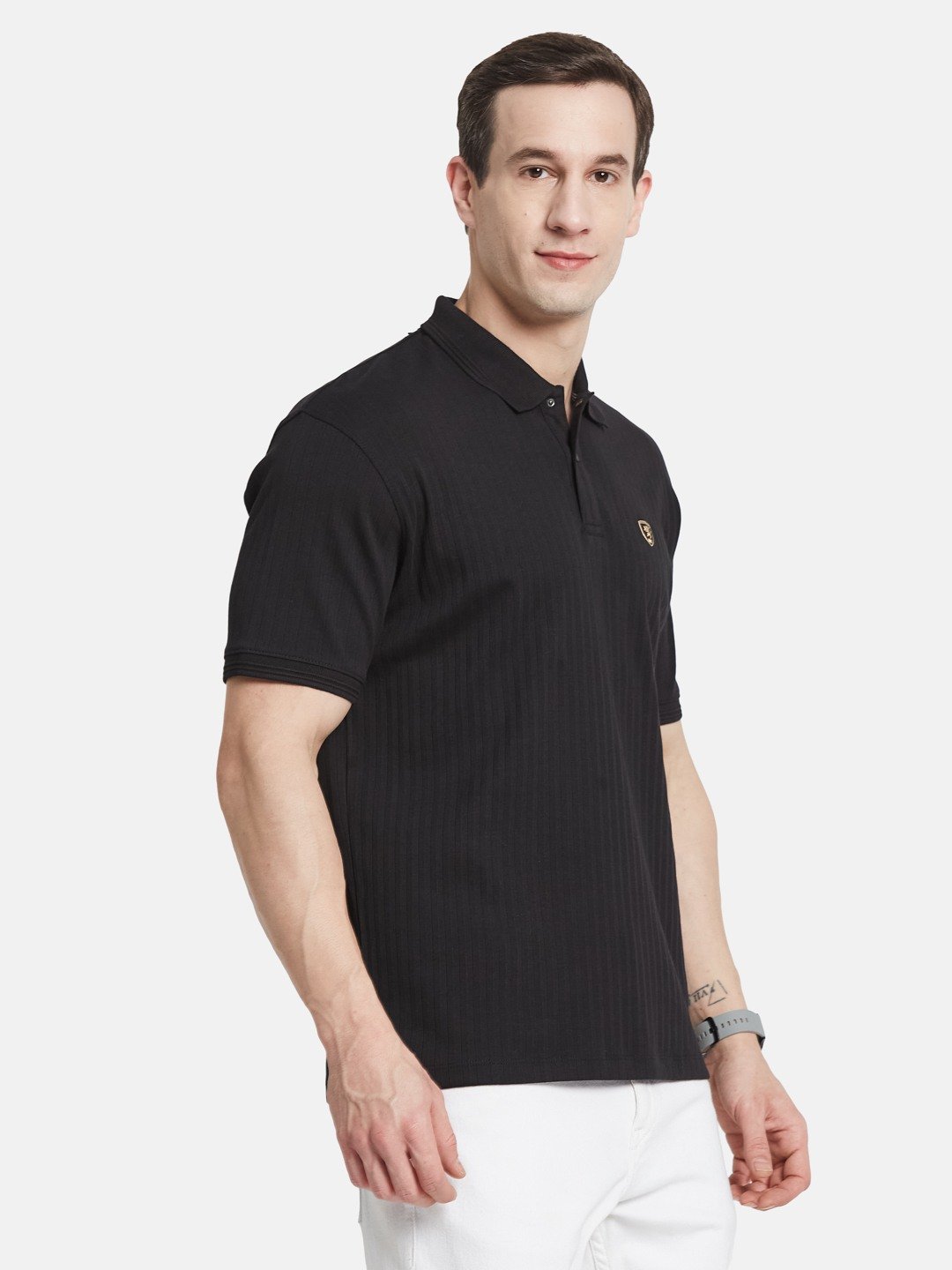 VERTICAL STRIPE POLO NECK RIB STRUCTURE T-SHIRT