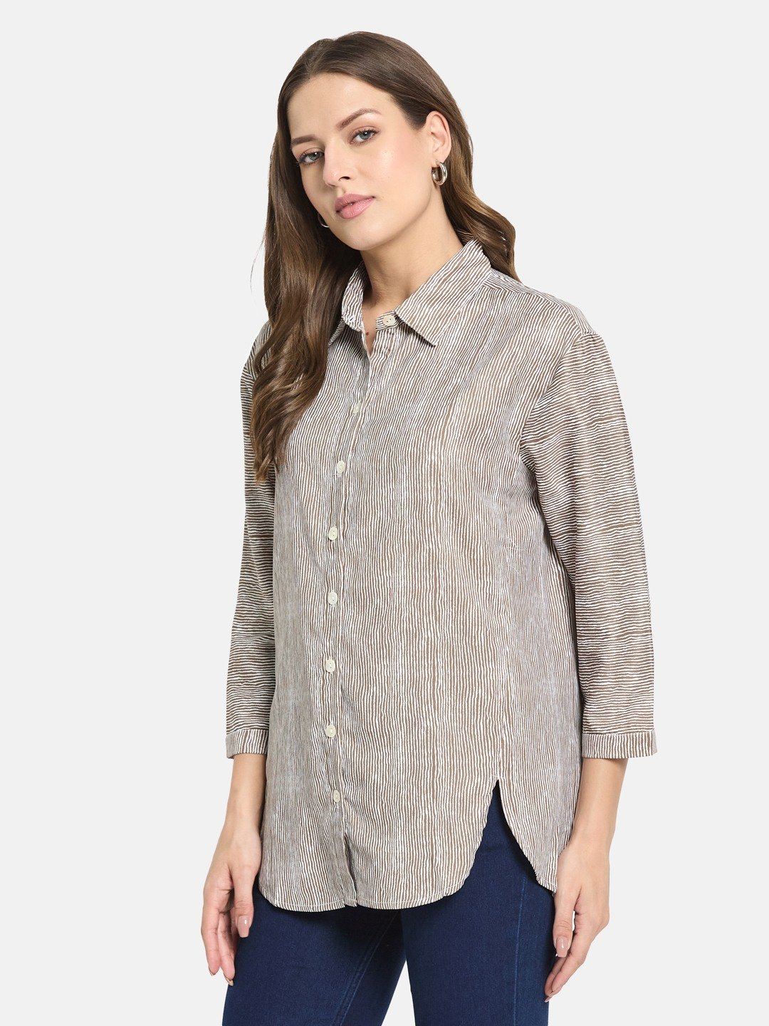 METTLE Women Olive Shirt Collar Striped Cotton Top