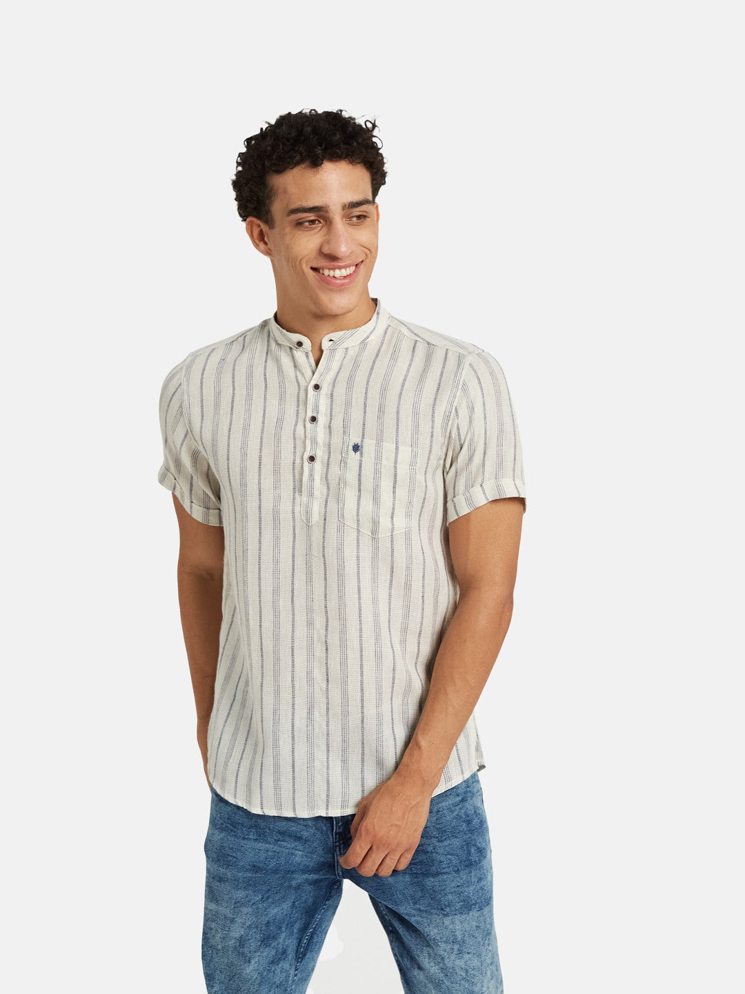 METTLE Striped Short Sleeves Mandarin Collar Cotton Opaque Regular Fit Casual Shirt