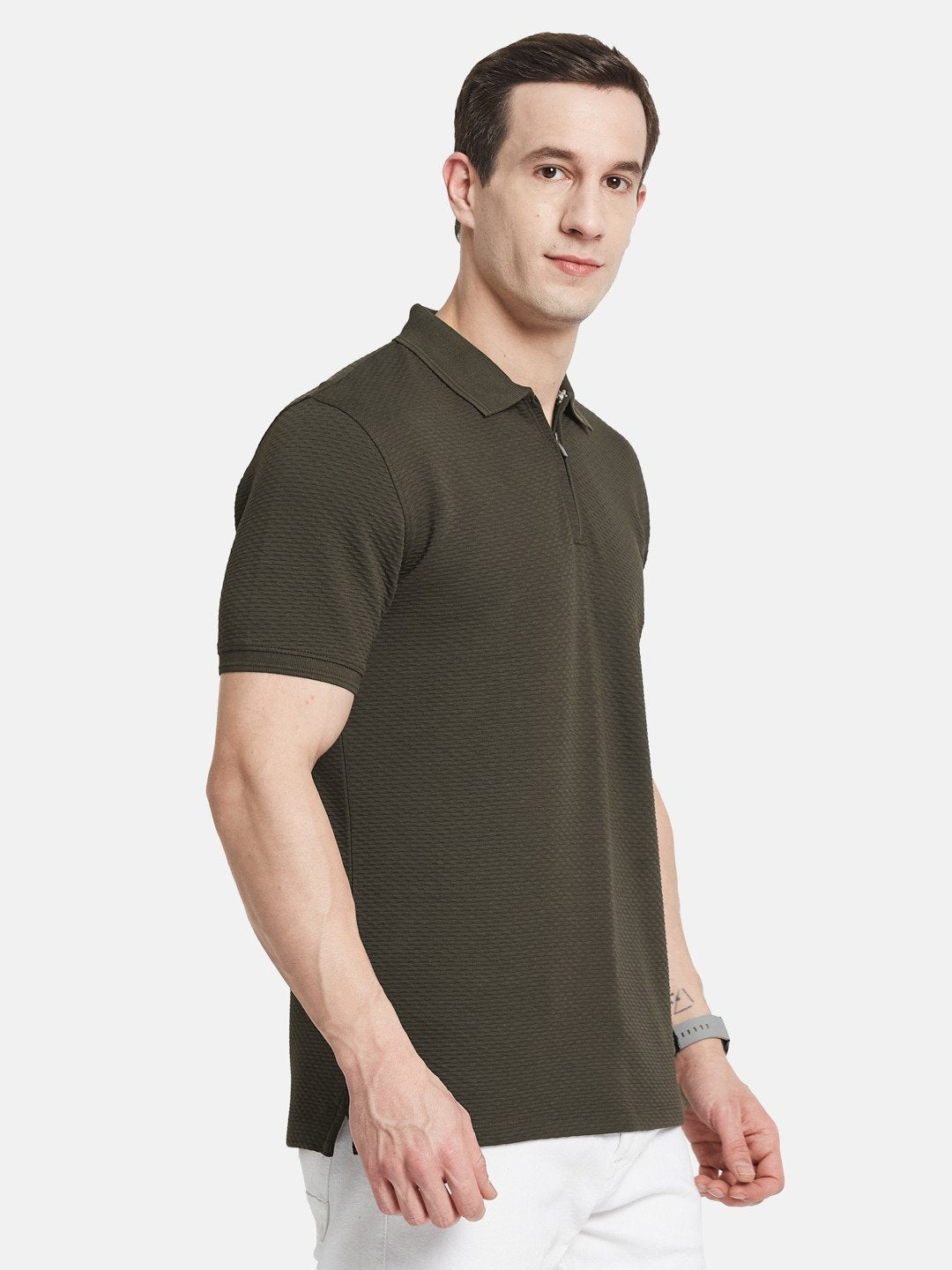 STRUCTURE HALF-ZIP POLO NECK POPCORN KNIT  T-SHIRT