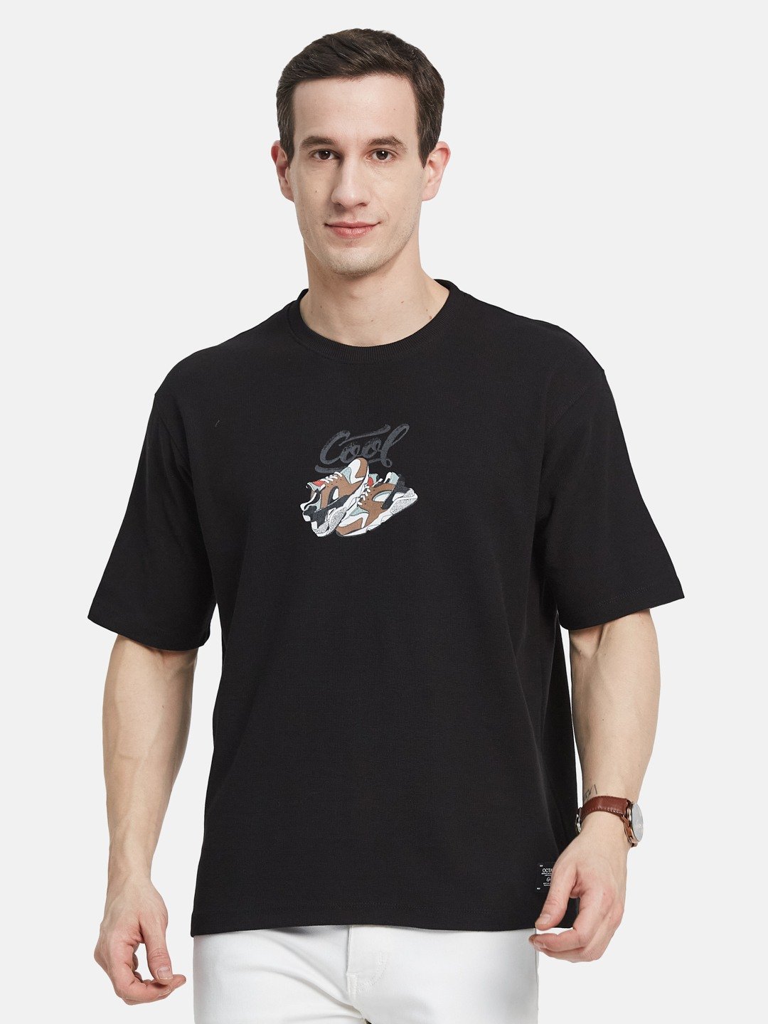 BACK PRINT ROUND NECK WAFFLE KNIT T-SHIRT