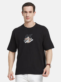 BACK PRINT ROUND NECK WAFFLE KNIT T-SHIRT