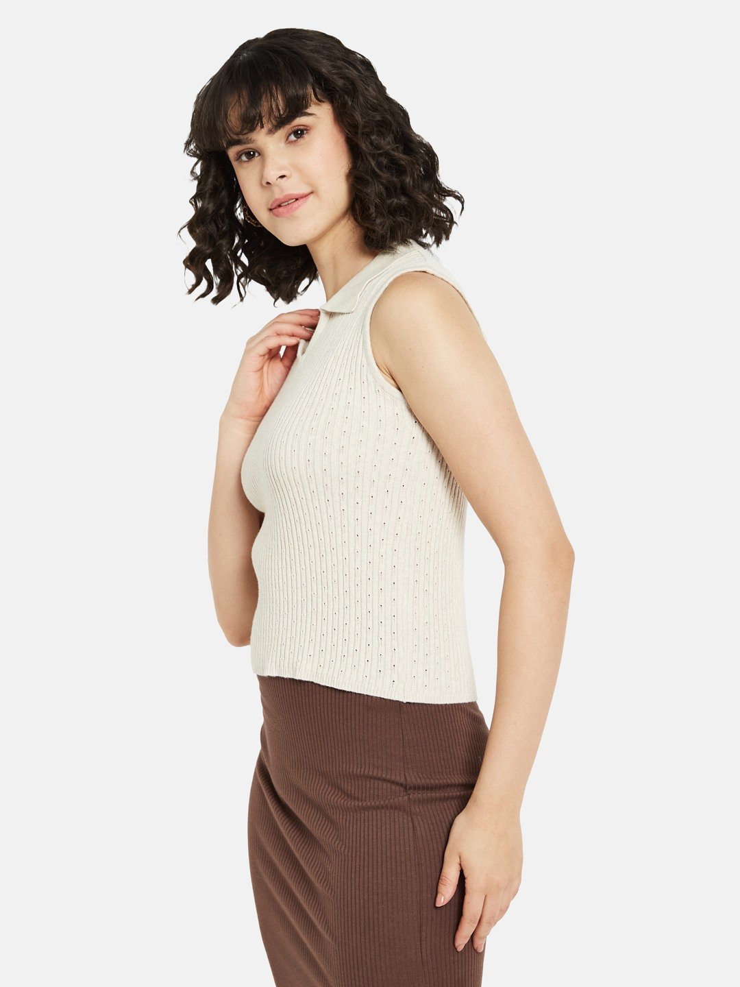 METTLE Women Self Design Shirt Collar Sleeveless Top
