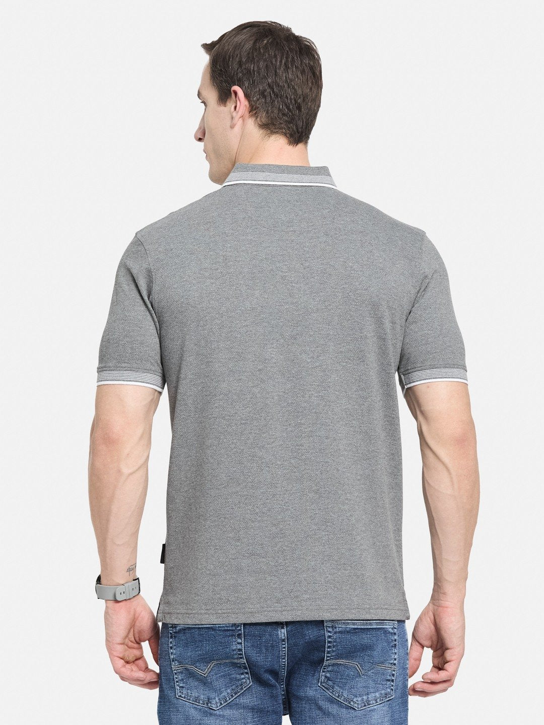 SOLID HALF-ZIP  POLO NECK POPCORN KNIT T-SHIRT