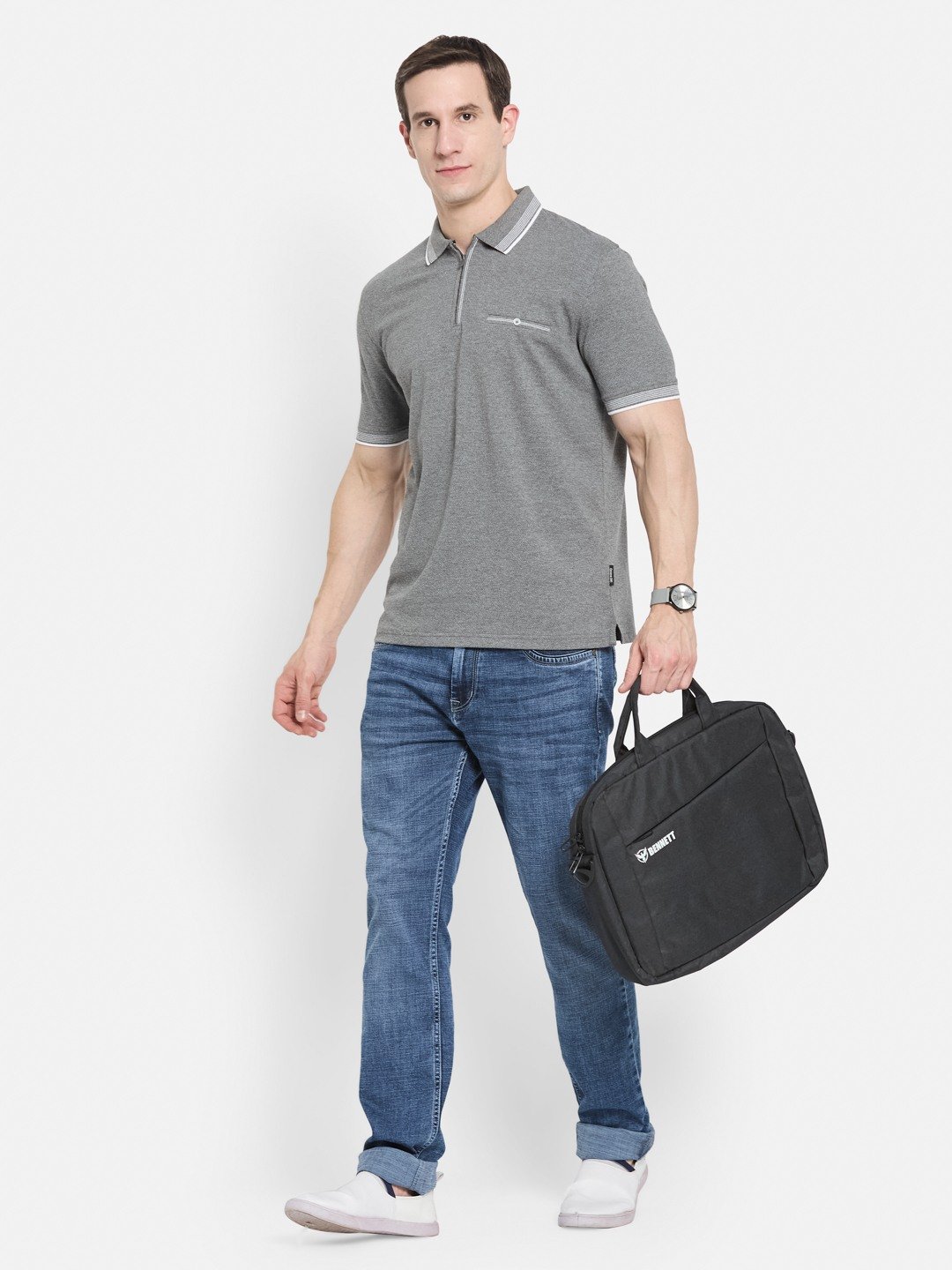 SOLID HALF-ZIP  POLO NECK POPCORN KNIT T-SHIRT