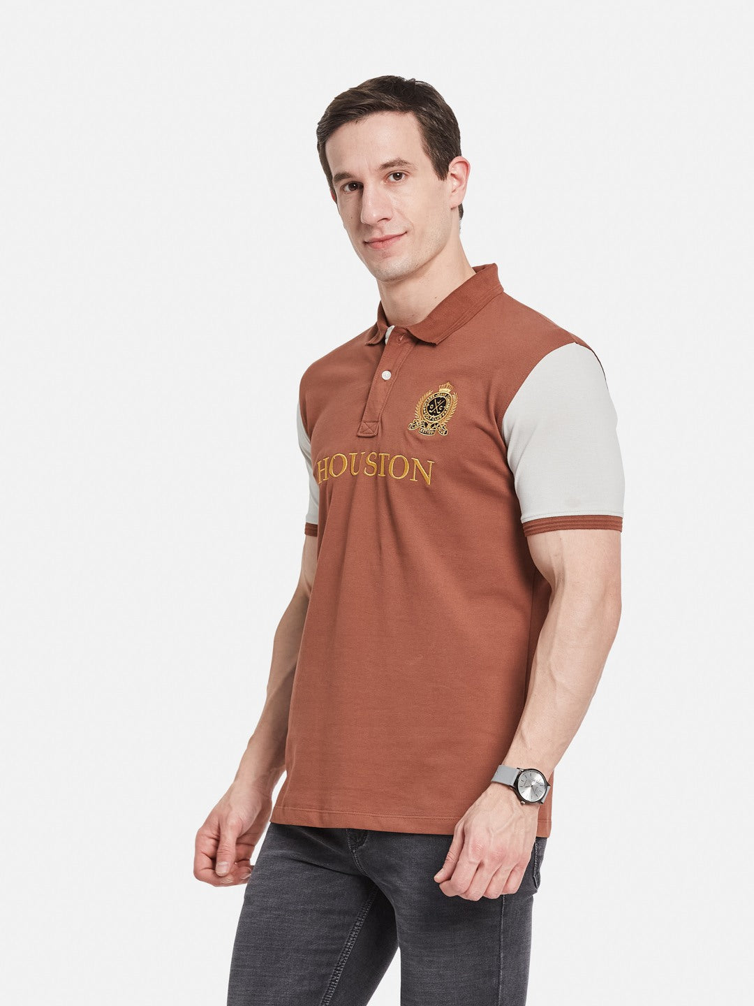 CHEST PRINT POLO NECK EMBROIDED APPLIQUE PIQUE LYCRA T-SHIRT