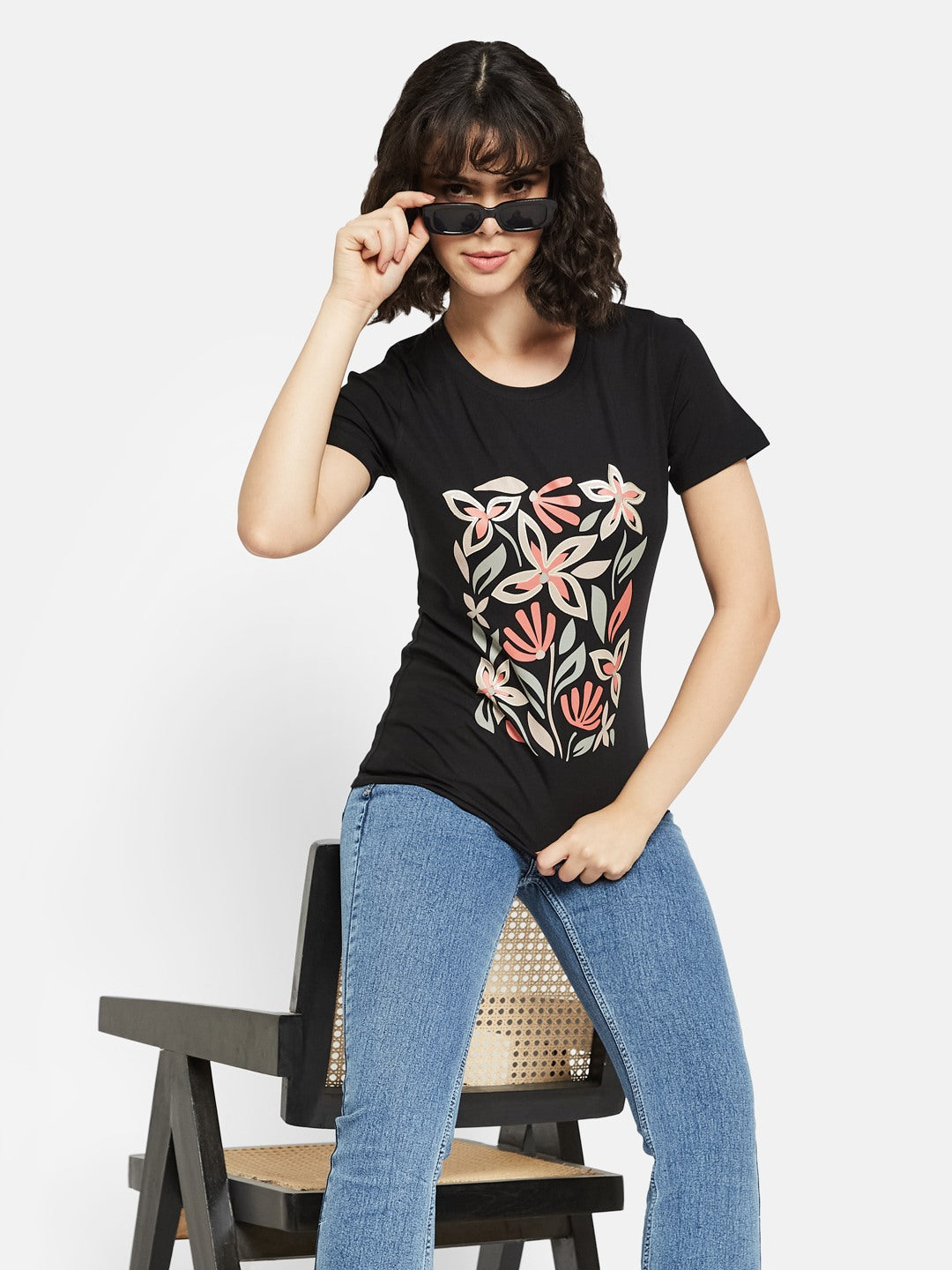 METTLE Women Floral Printed Round Neck Cotton T-shirt