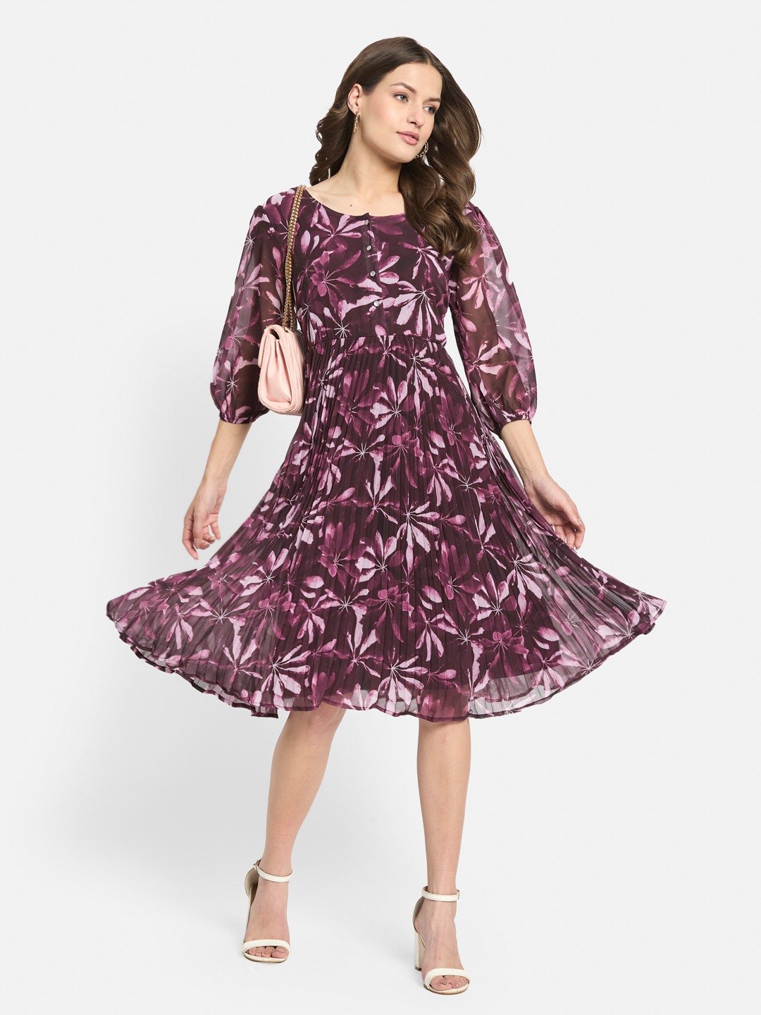 METTLE Women Floral Print Puff Sleeve Accordion Pleats Midi Fit & Flare Dress