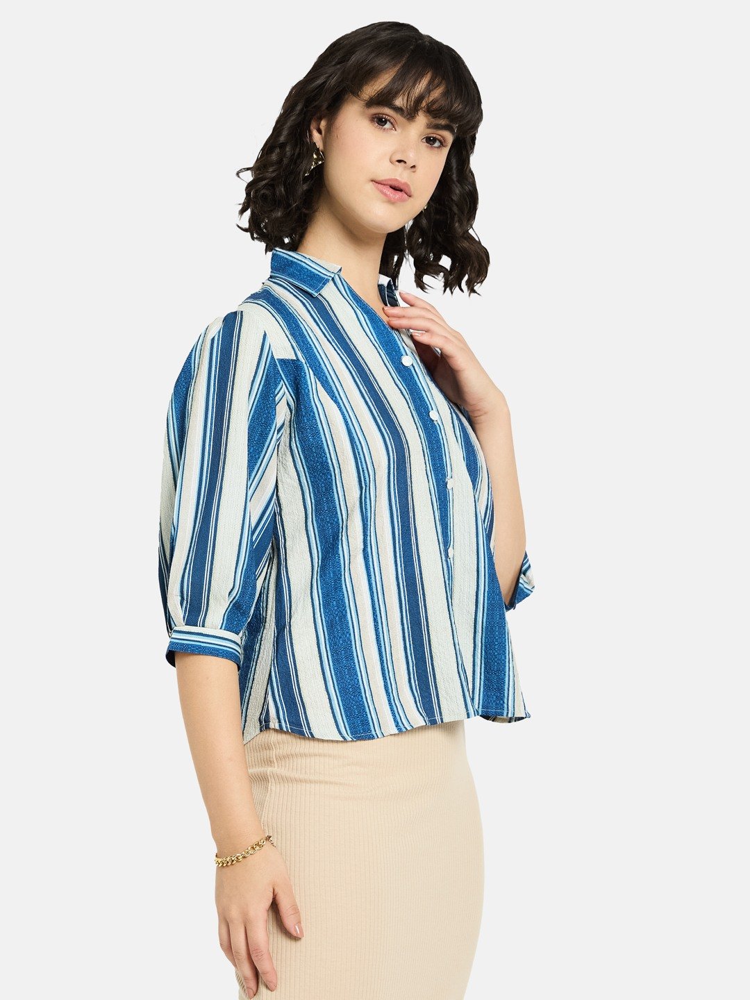 METTLE Women Spread Collar Vertical Striped Cotton Casual Shirt