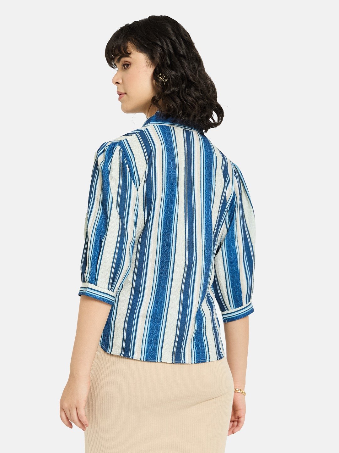 METTLE Women Royal Spread Collar Vertical Striped Cotton Casual Shirt