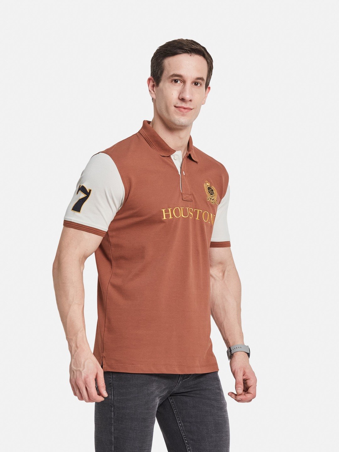 CHEST PRINT POLO NECK EMBROIDED APPLIQUE PIQUE LYCRA T-SHIRT