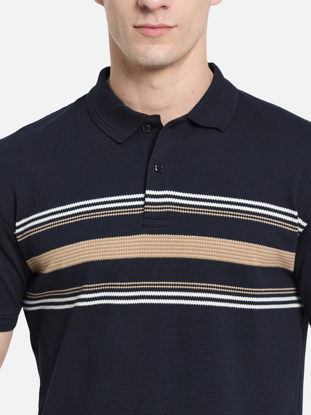 HORIZONTAL STRIPE POLO NECK POPCORN KNIT  T-SHIRT