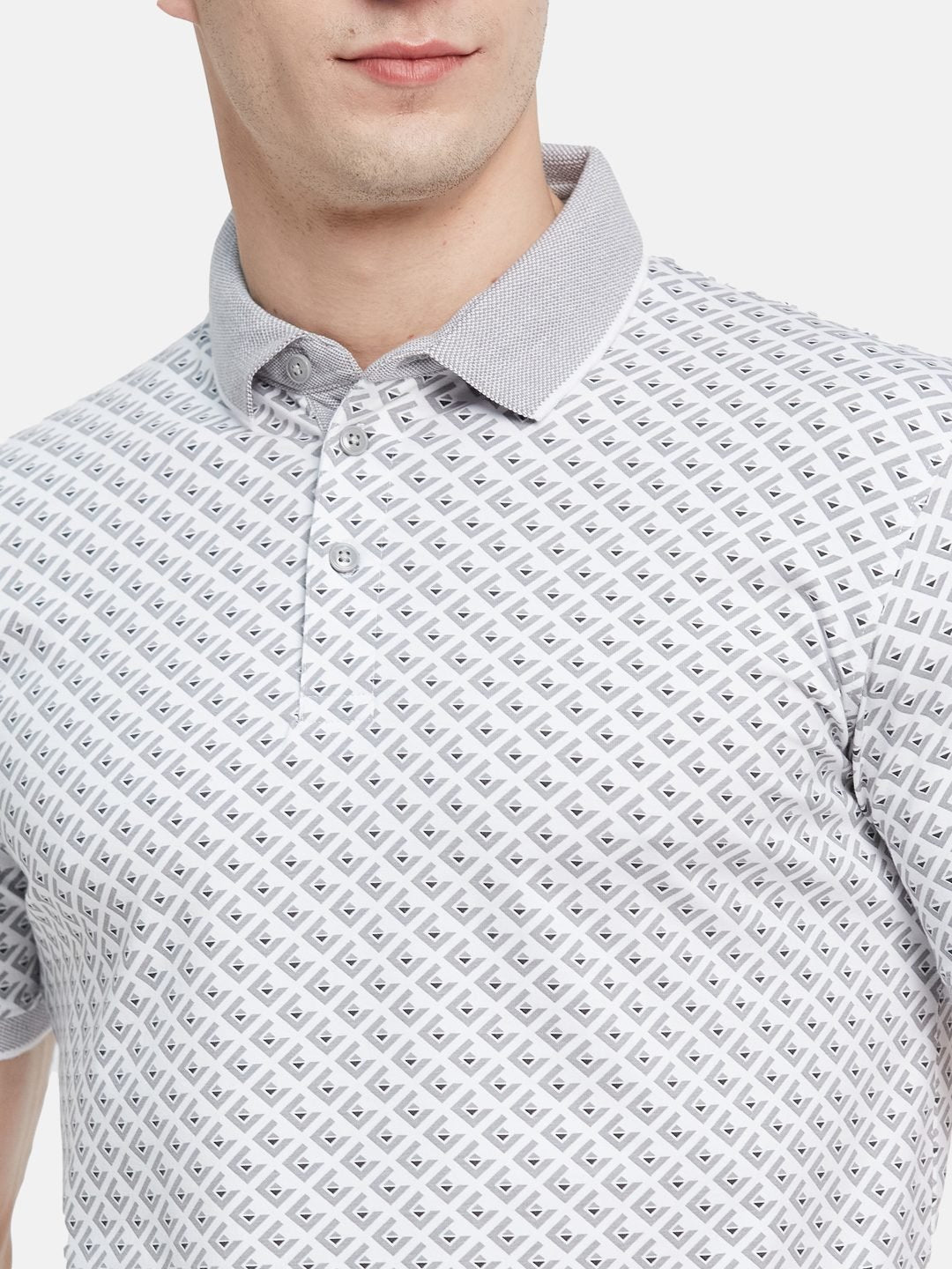 AOP MOTIF PRINT  POLO NECK SINGLE JERSEY KNIT LYCRA T-SHIRT