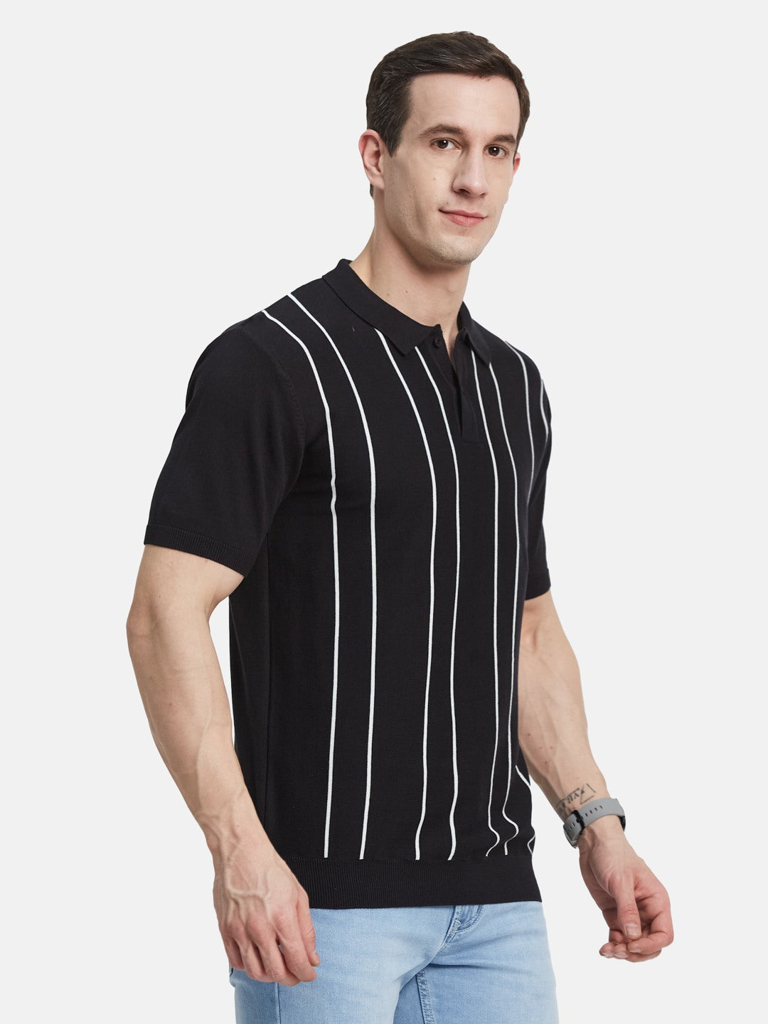 METTLE Men Striped Polo Collar Cotton T-shirt