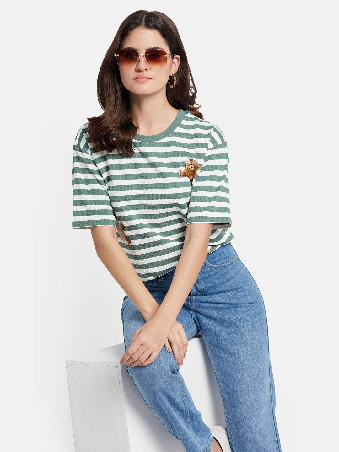 METTLE Striped Printed Round Neck Casual T-shirt