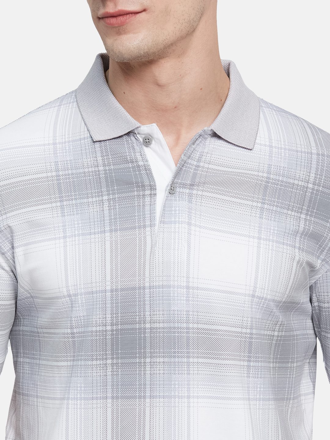 AOP CHECK PRINT POLO NECK SINGLE JERSEY KNIT T-SHIRT