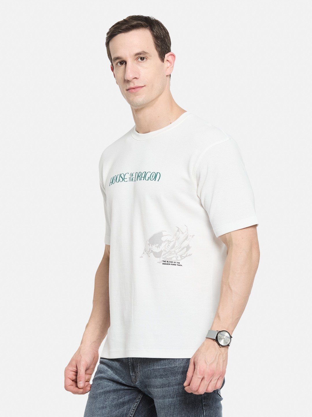 OVERSIZED WARNER BROTHERS BACK PRINT ROUND NECK WAFFLE KNIT T-SHIRT