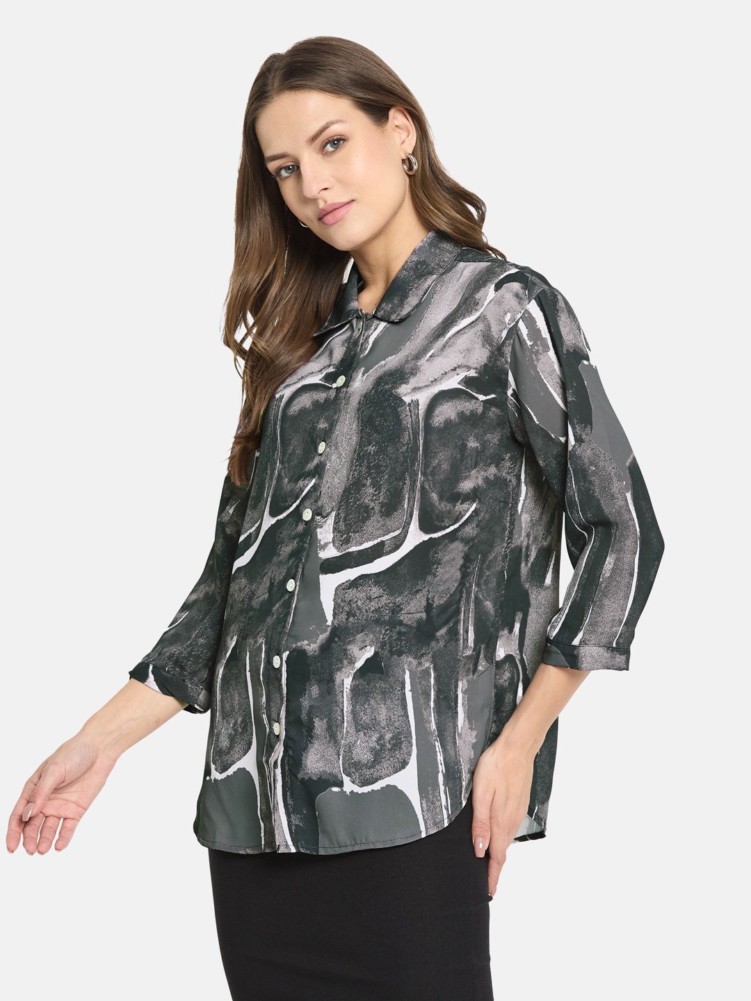 METTLE ss25 Women Charcoal Abstract Printed Cuffed Sleeves Cotton Shirt Style Top