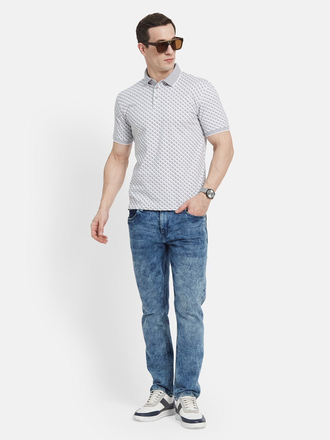 AOP MOTIF PRINT  POLO NECK SINGLE JERSEY KNIT LYCRA T-SHIRT